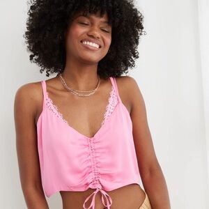 Aerie Pink Satin Ruched Top